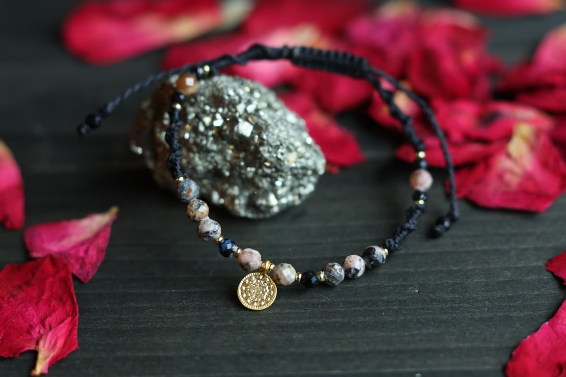 Macrame black bracelet with natural stone Rhodonite with brass coin