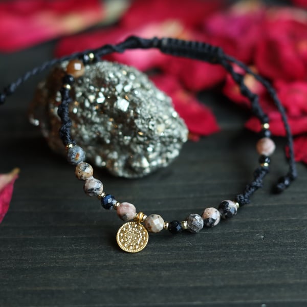 Macrame black bracelet with natural stone Rhodonite with brass coin