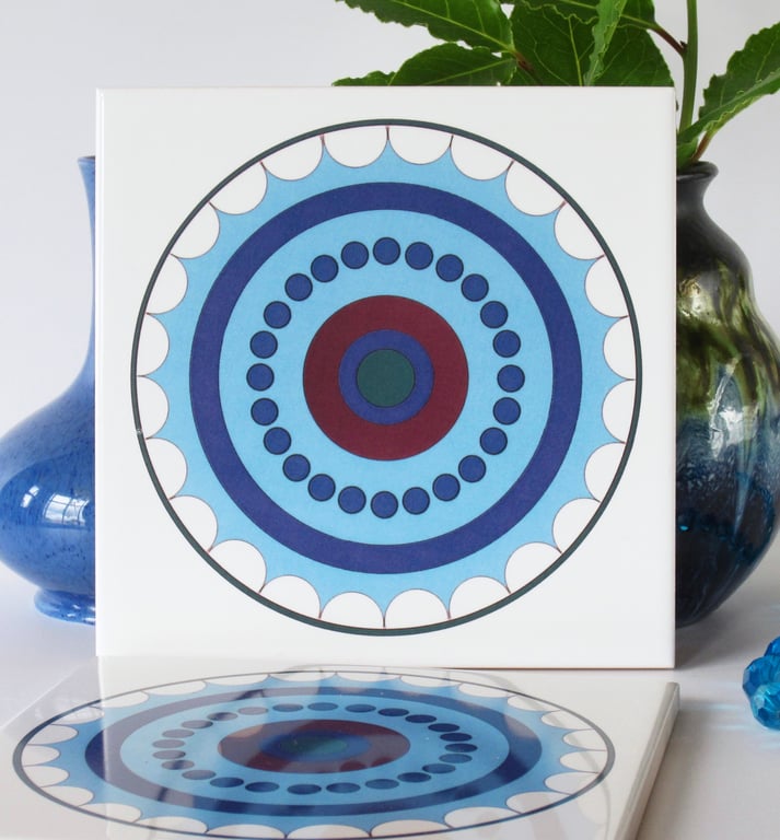 Blue Concentric Circle Pattern Ceramic Tile Trivet with Cork Backing