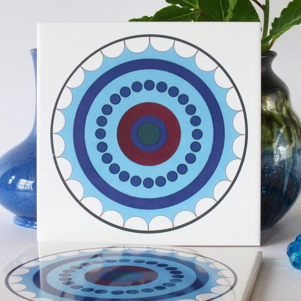 Blue Concentric Circle Pattern Ceramic Tile Trivet with Cork Backing