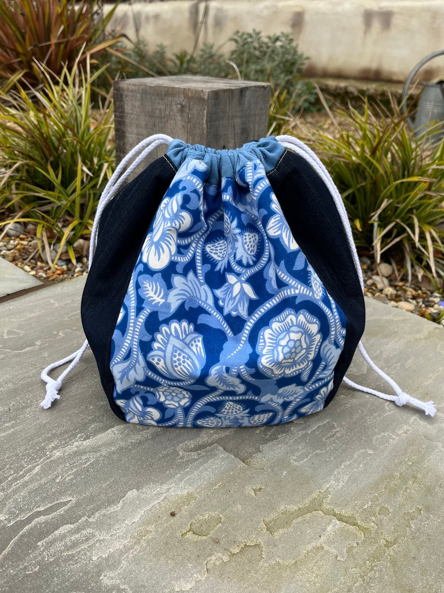Dumpling drawstring bag -  vintage Sanderson print and denim 
