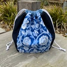 Dumpling drawstring bag -  vintage Sanderson print and denim 