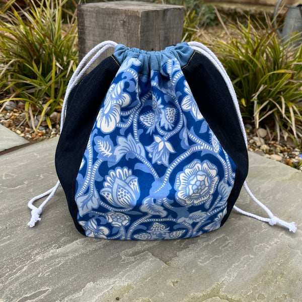 Dumpling drawstring bag -  vintage Sanderson print and denim 