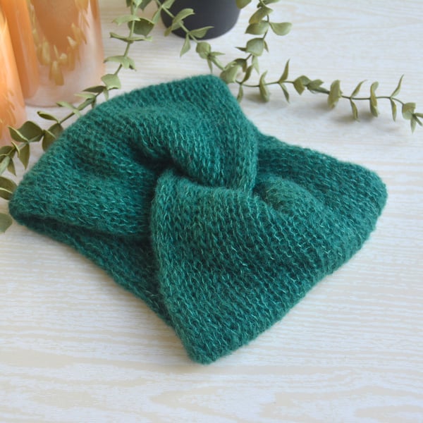 Knitted Headband Earwarmer Soft Alpaca Silk Pine Forest Green Ready Made