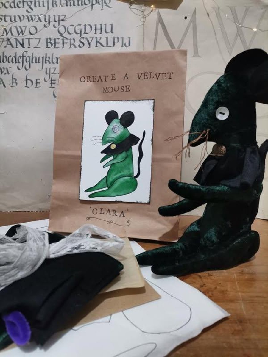 Velvet mouse kit, textile art sculpture mouse, kit, vintage sewing kit