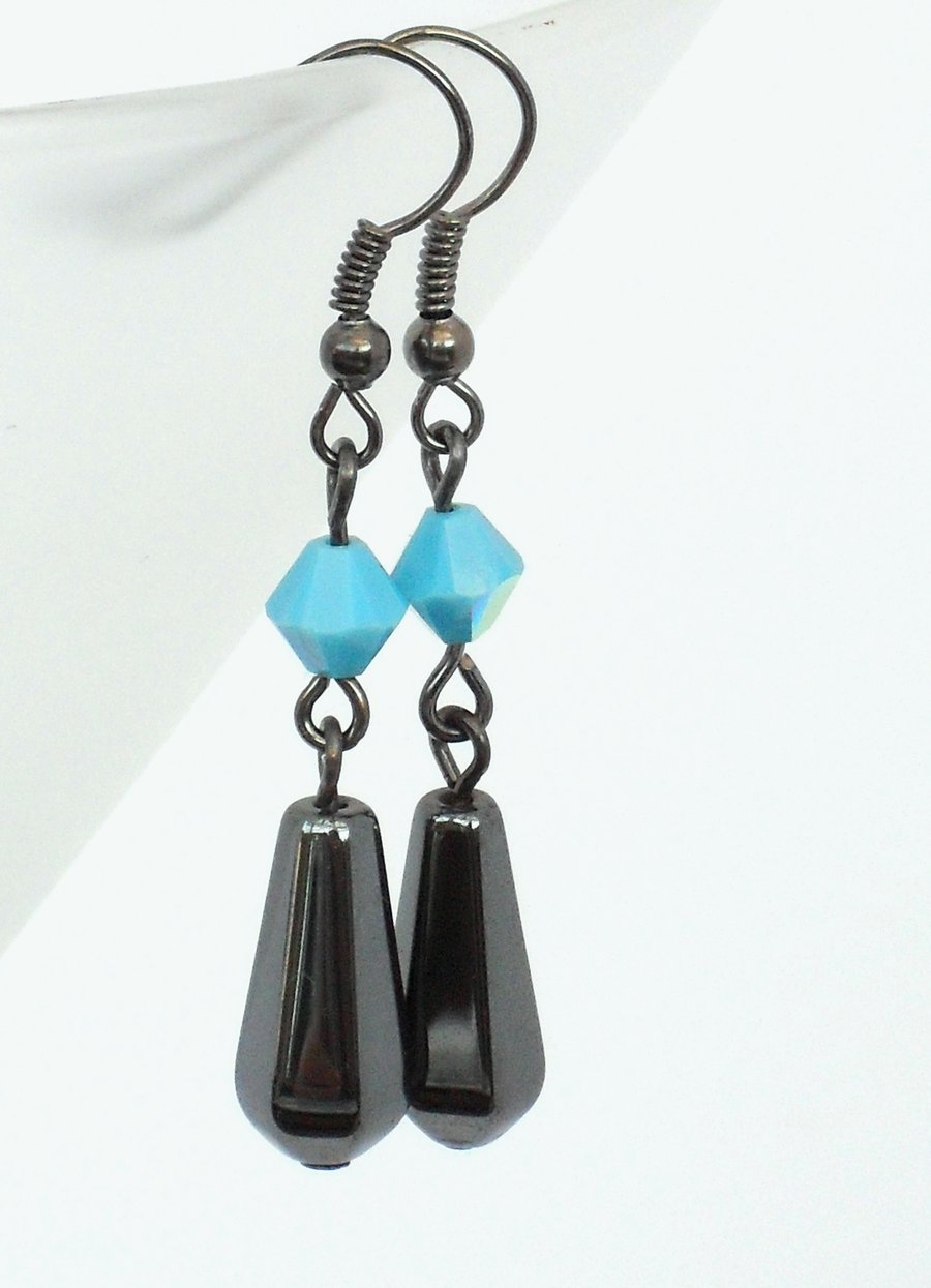 Hematite & turquoise crystal earrings, made with Swarovski elements
