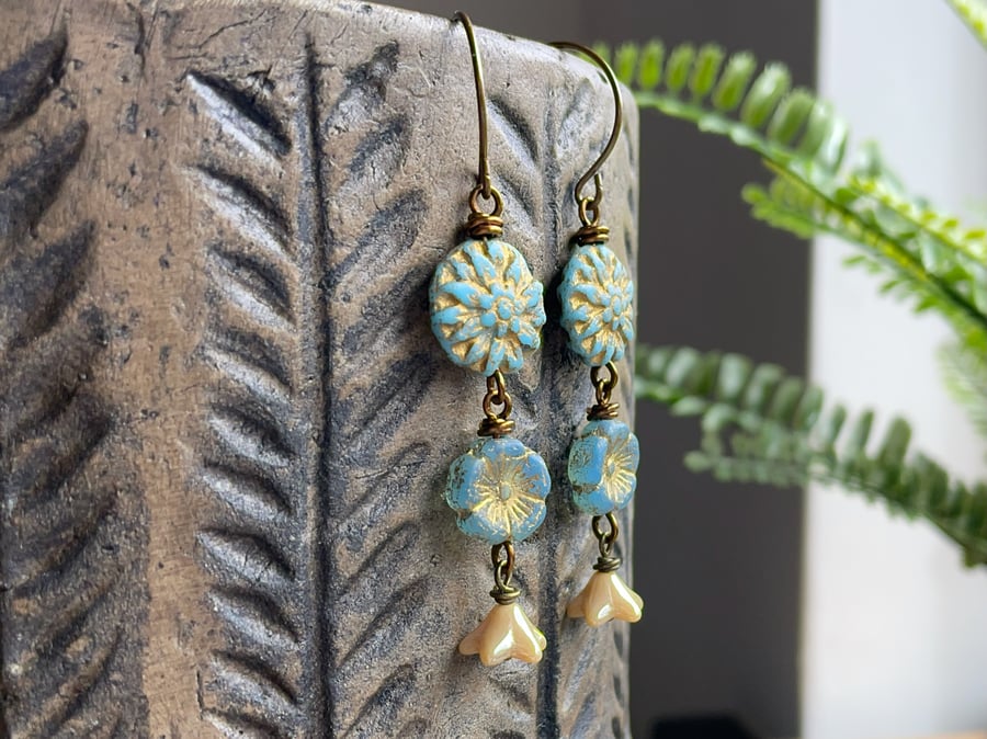 Cascading Flower Earrings. Sky Blue Czech Glass Dangle Earrings. Nature Inspired
