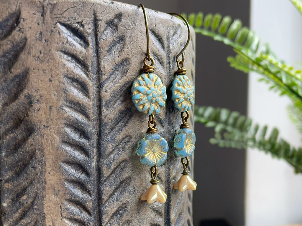 Cascading Flower Earrings. Sky Blue Czech Glass Dangle Earrings. Nature Inspired