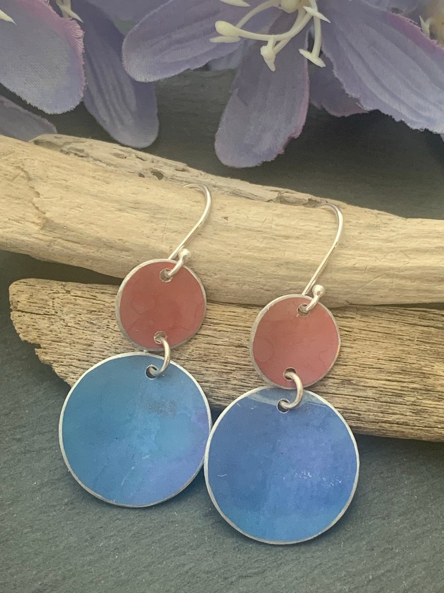 Printed Aluminium and sterling silver earrings -Cornflower blue and Orange