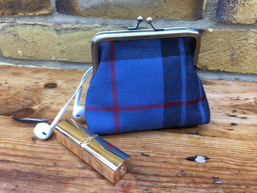 Tartan coin purse, metal frame kiss clasp purse, handbag tidy, blue wool fabric