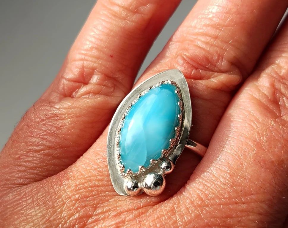 Larimar Adjustable Ring Sterling Silver Marquise Gemstone Jewellery Gift