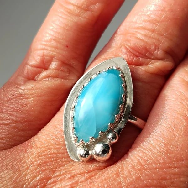 Larimar Adjustable Ring Sterling Silver Marquise Gemstone Jewellery Gift