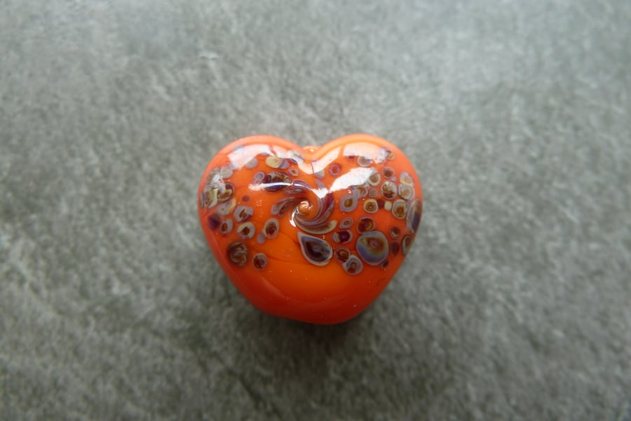 orange frit heart, lampwork glass bead