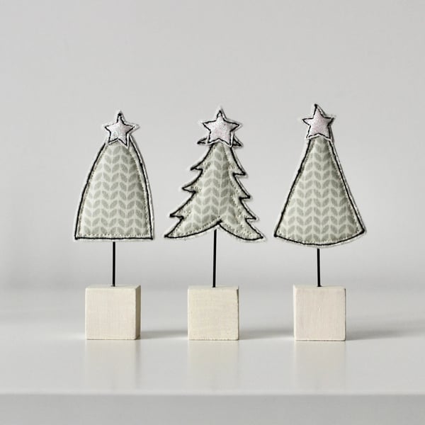 Three Christmas Trees with Painted Wooden Block Stands