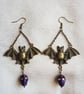 Spooky Antique Bronze Bat Earrings with Purple Skulls. - Image 5