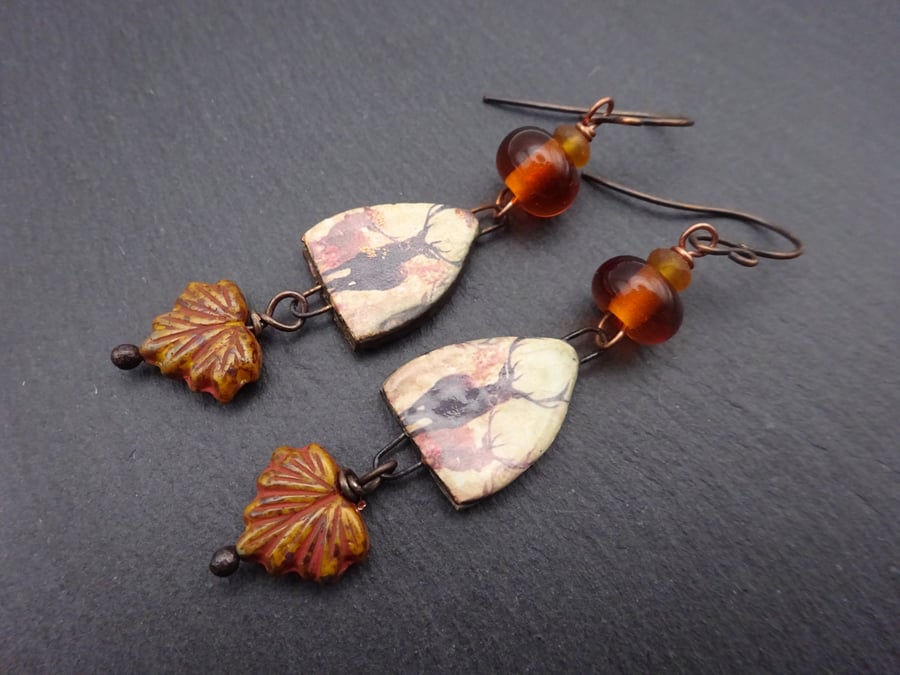 lampwork glass amber earrings, ceramic deer and copper