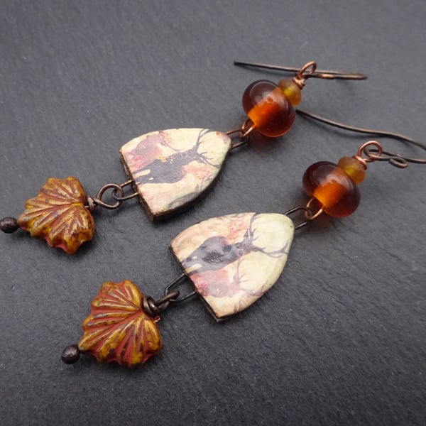 lampwork glass amber earrings, ceramic deer and copper