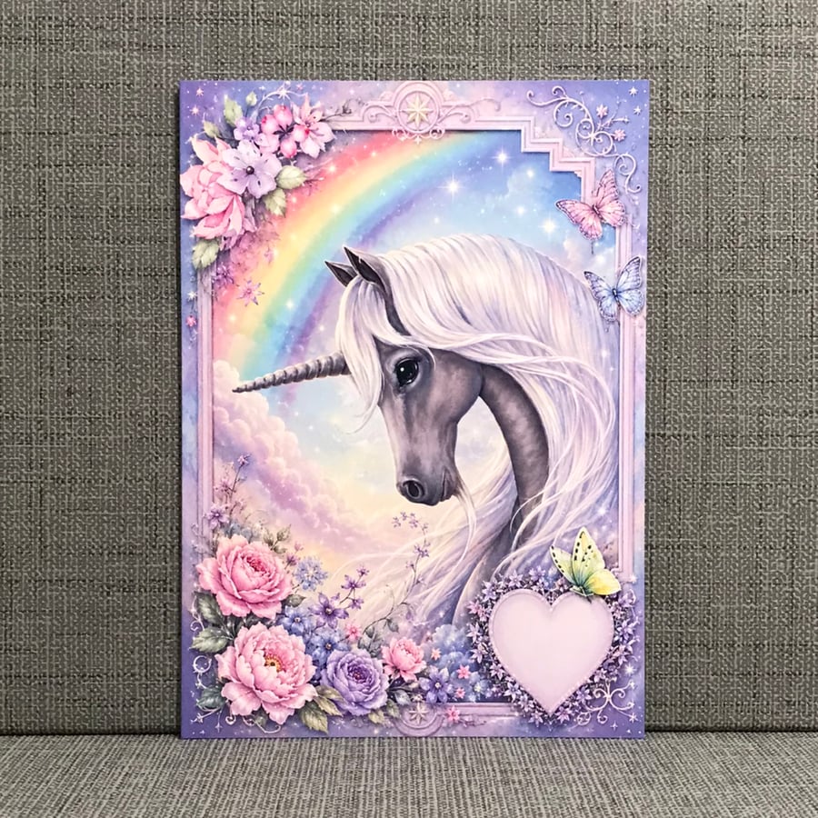Magical Unicorn Birthday Card - A5 Fantasy Unicorn Card with Rainbow & Flowers