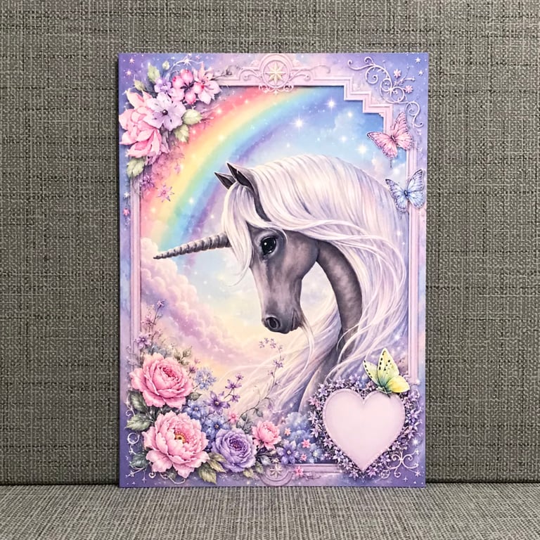 Magical Unicorn Birthday Card - A5 Fantasy Unicorn Card with Rainbow & Flowers