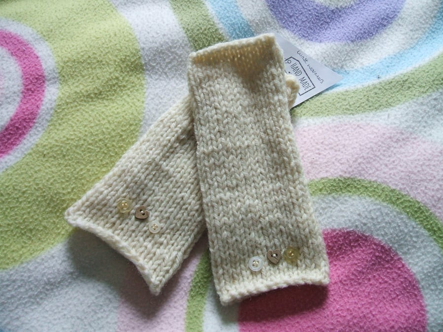 Cream wool wrist warmers with button decoration - adult size
