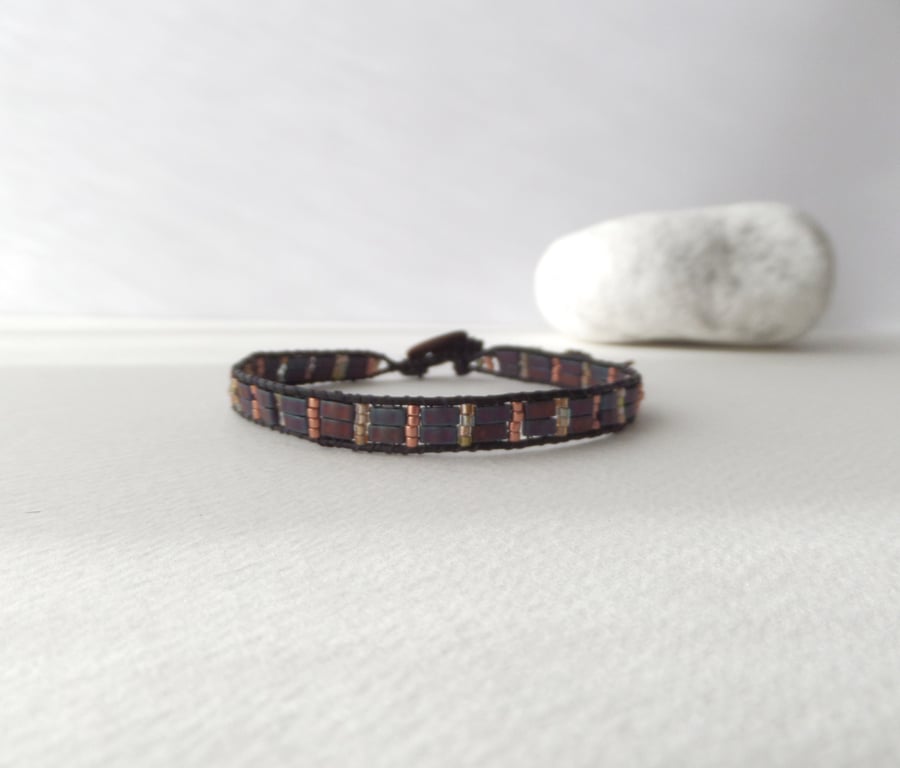 Leather Bronze Copper Bracelet, Ladder Beaded Clasp Black Androgynous