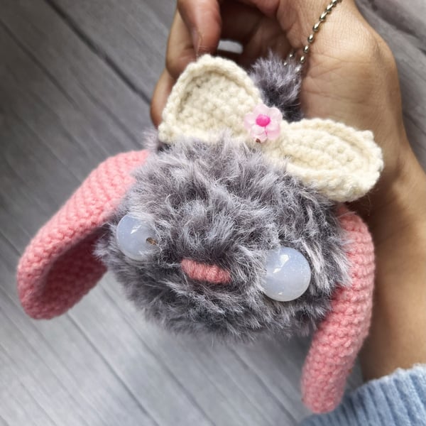 Handmade Crochet Pastel Goth Bunny Rabbit Keyring, Gift for her