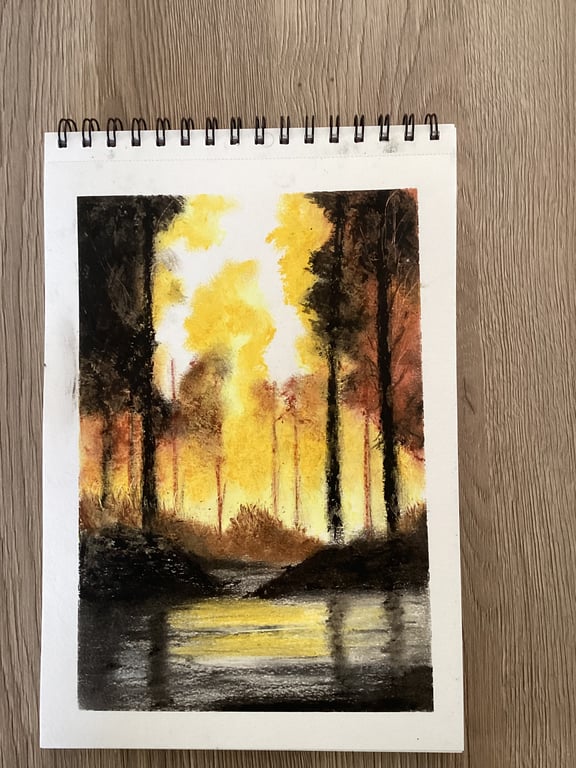Wooldland lake oil pastel picture 