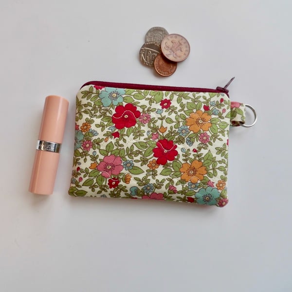 Coin purse in red pink green modern floral fabric