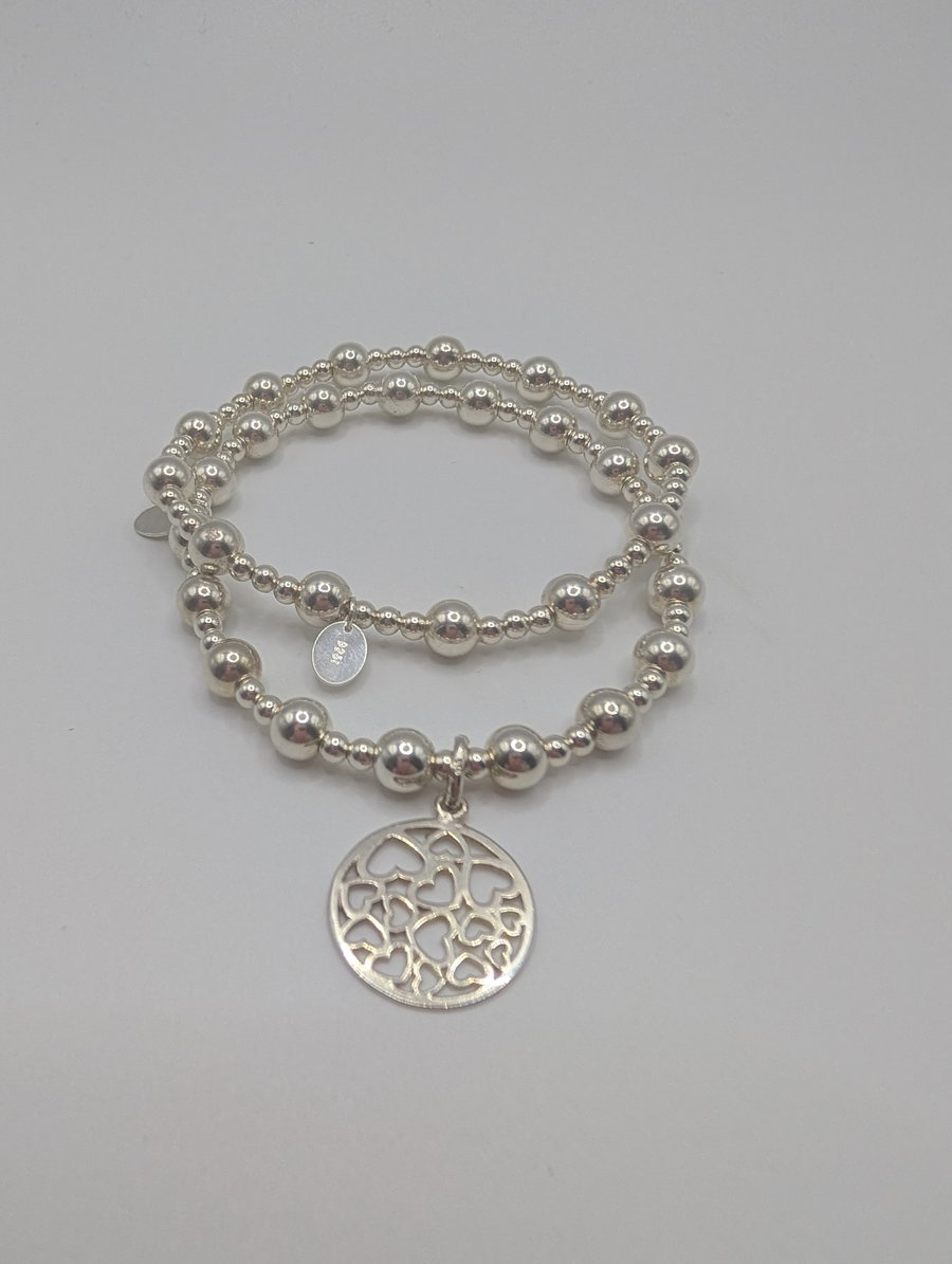 Sterling Stretch Handmade Bracelet Set  3mm & 6mm Beads  Heart Charm 17.5cm