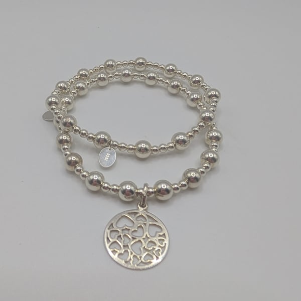 Sterling Stretch Handmade Bracelet Set  3mm & 6mm Beads  Heart Charm 17.5cm