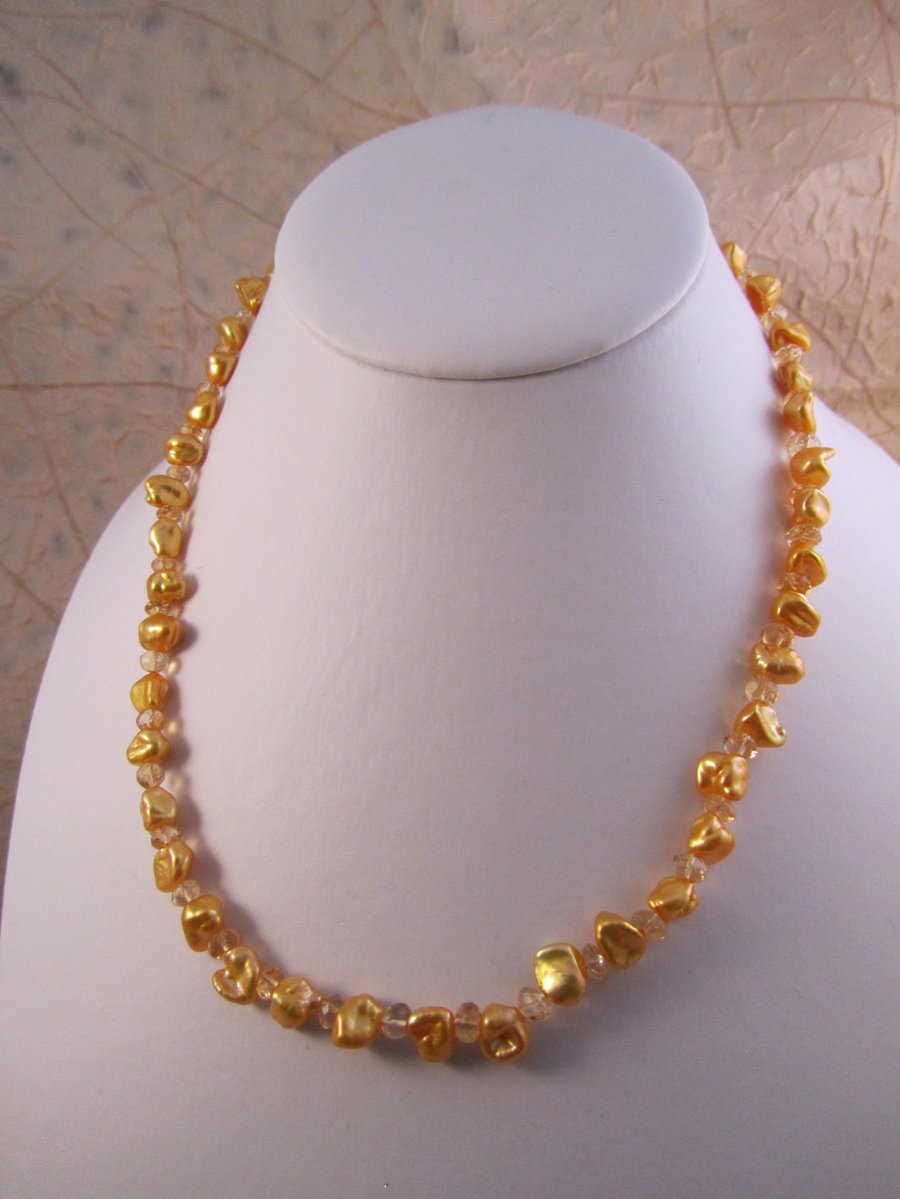 Gold Pearl Citrine Necklace with Gold Plated Silver