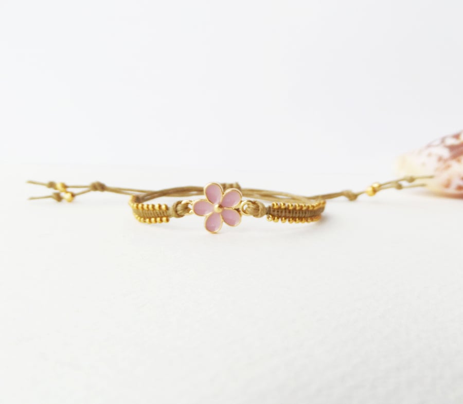 Gold Flower Bracelet, Beaded Macramé, Enameled Daisy, Cotton Cord Adjustable
