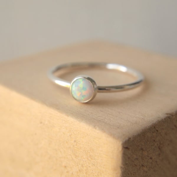 White Lab Opal and Silver Gemstone Ring