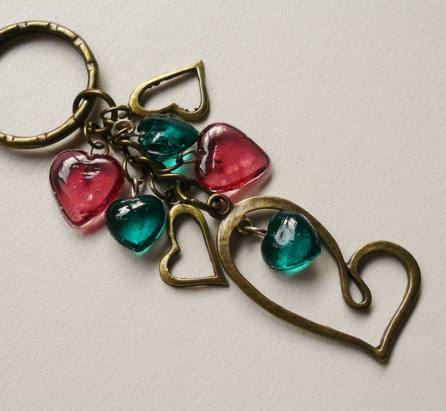 Antique Bronze Teal and Pink Glass Heart Keyring   KCJ1186