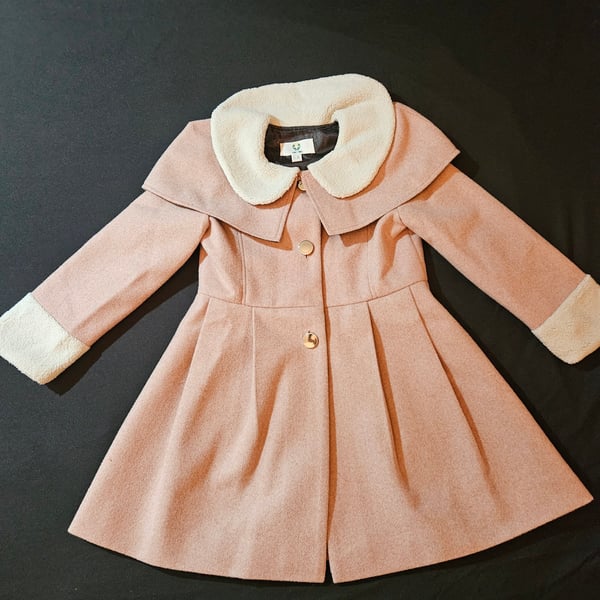 Girls’ Blush Pink Cashmere Wool Coat with Sherpa Collar & Cuffs
