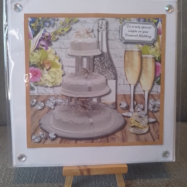 wedding table with cake and glasses, diamond wedding card