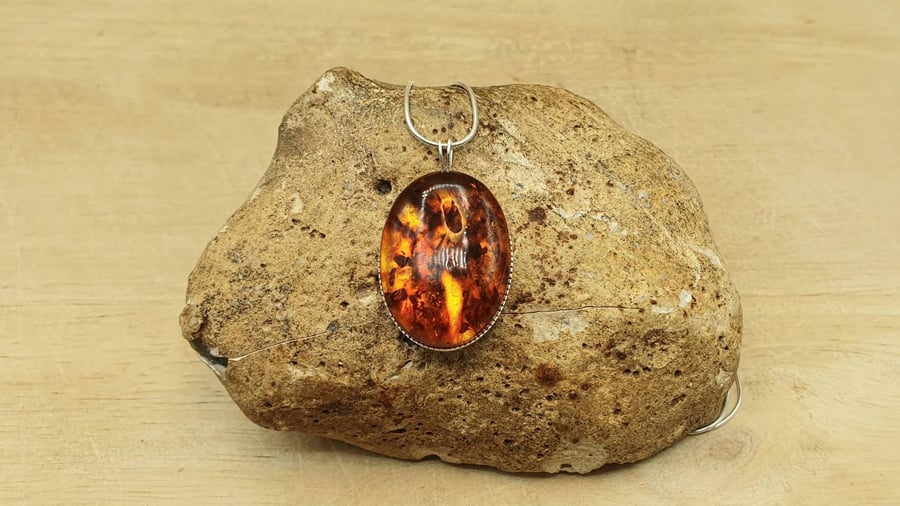 Amber pendant necklace. Sterling silver Reiki jewelry uk. 25x18mm necklace
