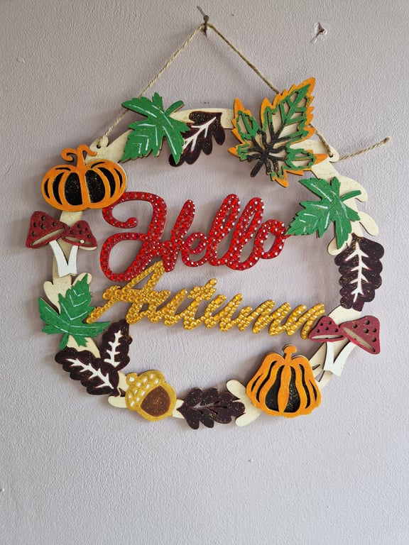 Wooden Hello autumn wreath. 