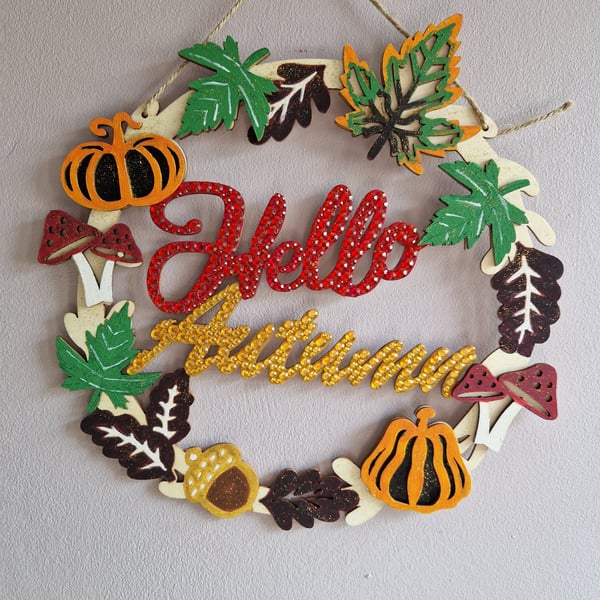 Wooden Hello autumn wreath. 