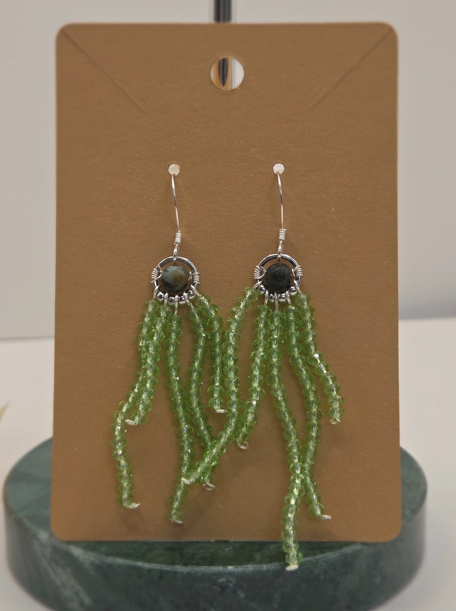 Green Weeping Willow Beaded Dangle Earrings, Sterling Silver Hooks