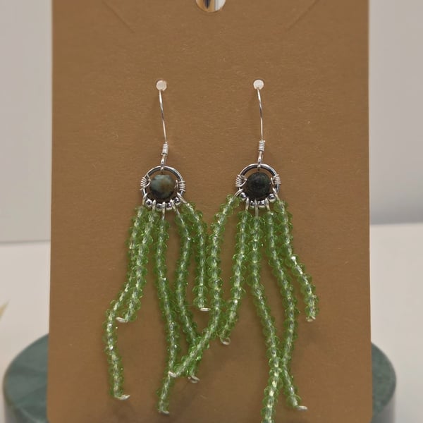 Green Weeping Willow Beaded Dangle Earrings, Sterling Silver Hooks
