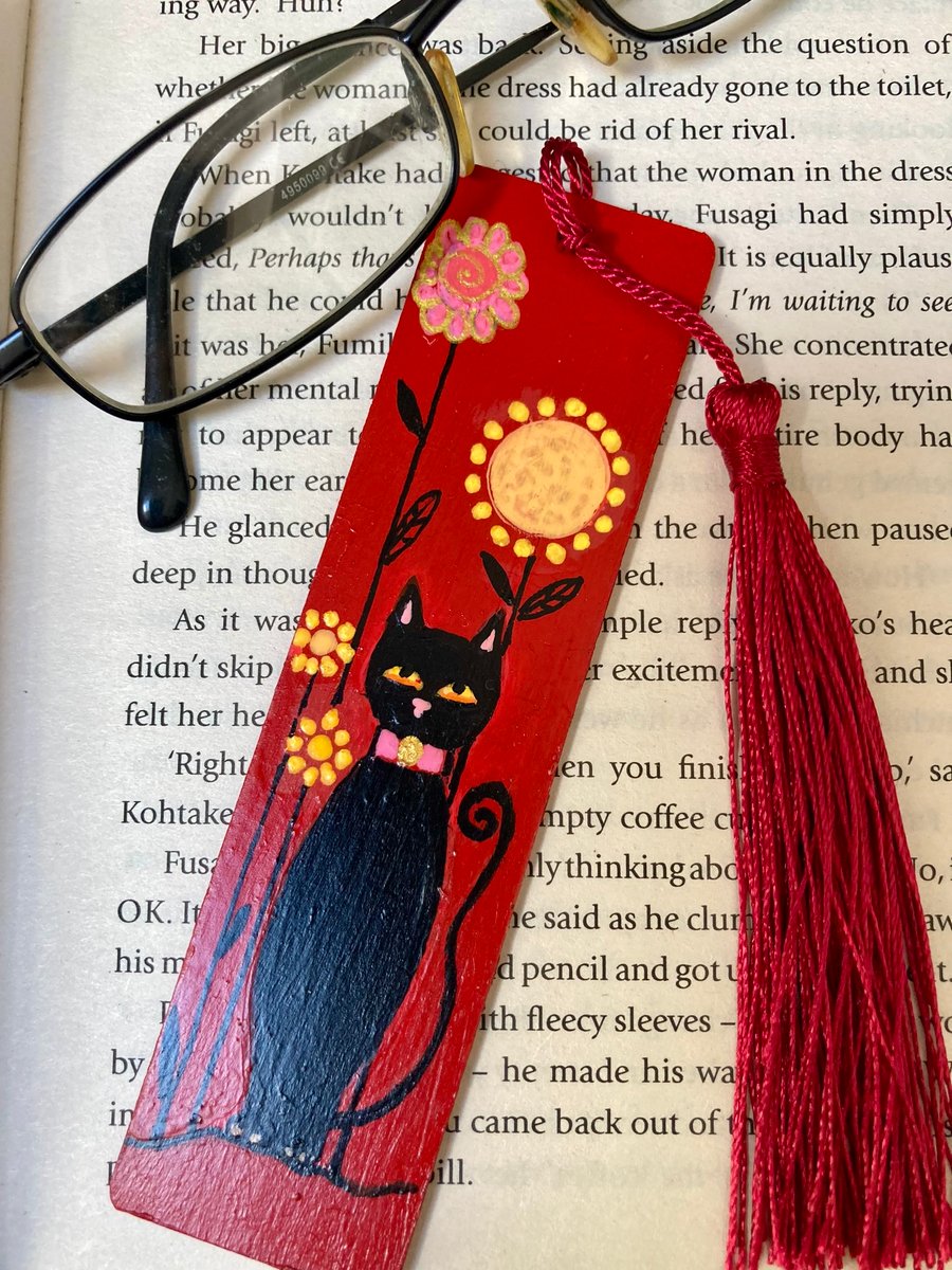 Tall Kooky Retro Black Cat Hand Panted Bookmark