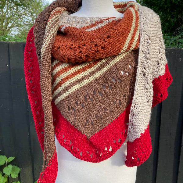 Unique Asymmetrical Hand Knitted Lace Wrap in Earthy Colours 