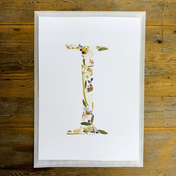Letter I - pressed flower art print