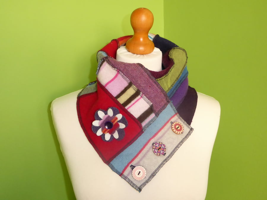 Neck Warmer Scarf with 3 button Trim. Upcycled Cowl. Felt Flower. Purple  Cream
