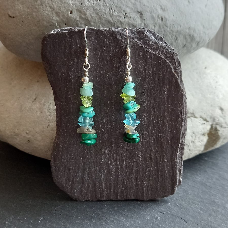 Multi-Gemstone Chip and Sterling Silver Earrings