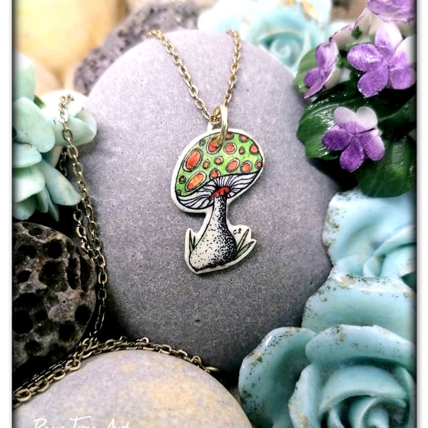 Toadstool pendant on a silver plated chain, Handmade, green and red