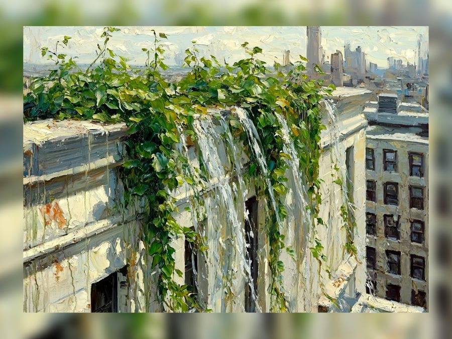 Urban Overgrowth Cityscape with Nature Reclaiming Architecture 5"x7" Matte Paper