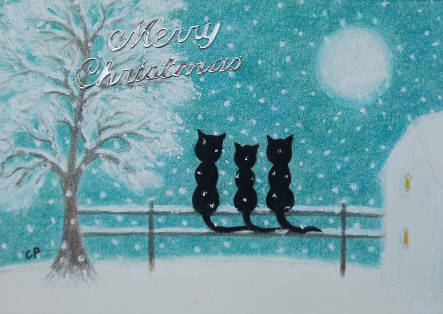 Cat Christmas Card, Black Cats Tree Snow Card, Children Christmas Card, Kitten