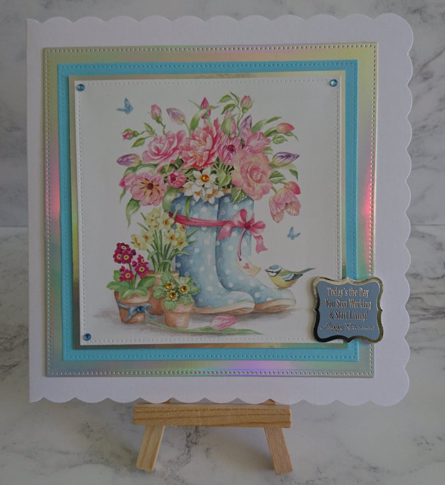 3D Luxury Handmade Card Retirement Floral Gardening Wellies Blue Tit Bird